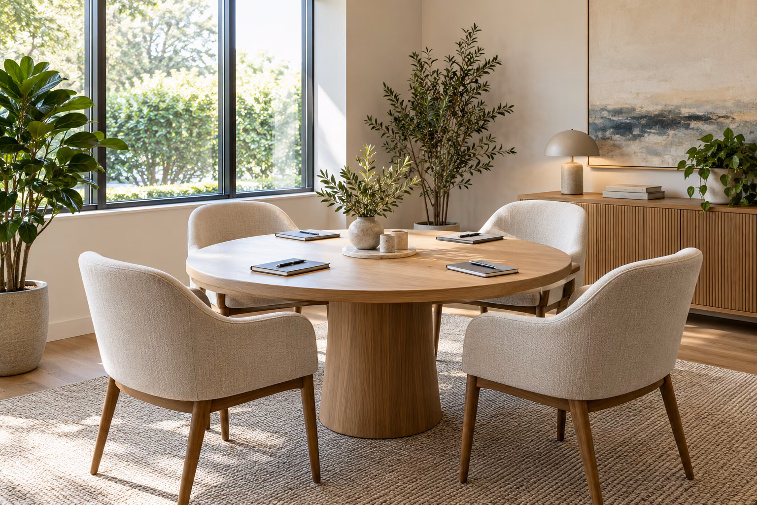 An elegant empty consultation room with a round meeting table and neat notebooks
