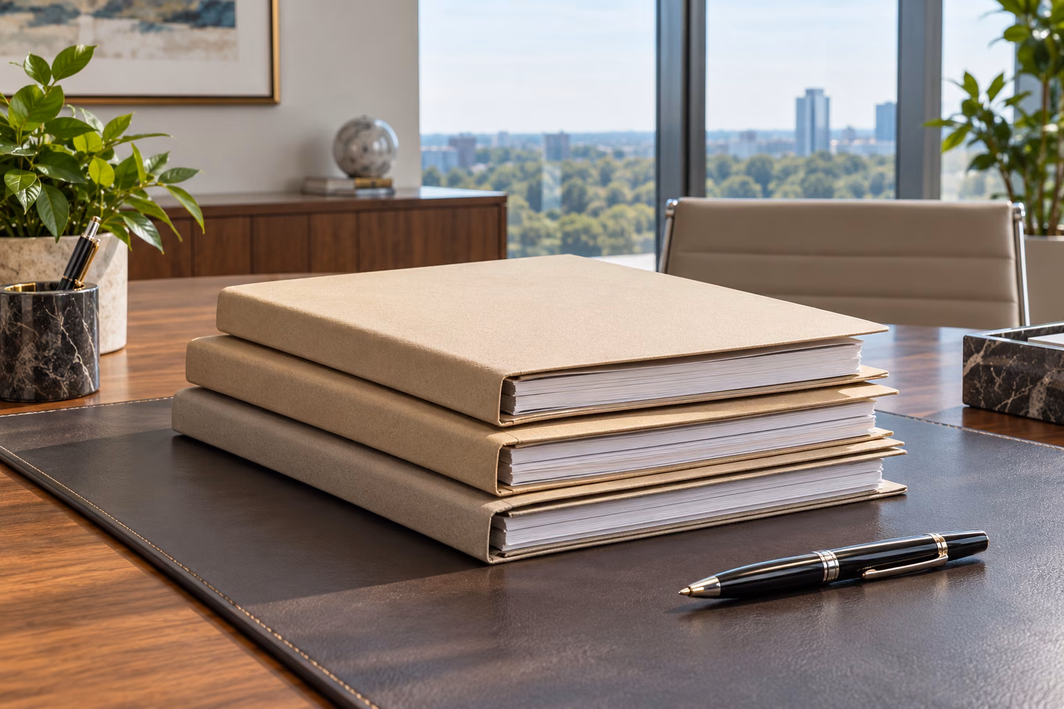 Neatly arranged plain contract folders and a polished pen on a refined office desk, no text