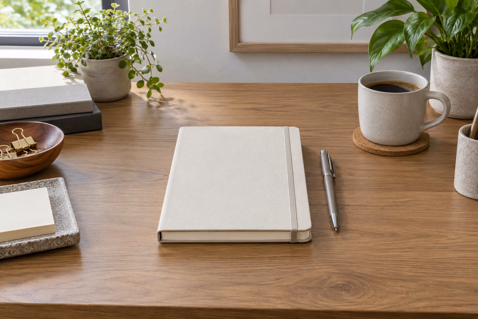 Quality stationery, a plain notebook and pen arranged on a calm professional workspace